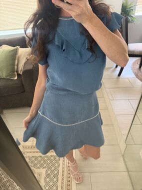 Sandro Blue Textured Pearl Top and Skirt Set